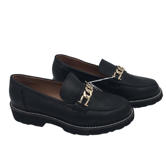 BCBG black Lug sole Loafers Vegan Leather with Gold Chain detail NWOT size 8 - Picture 3 of 16